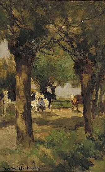 Jan Hendrik Weissenbruch Milking cows underneath the willows china oil painting image